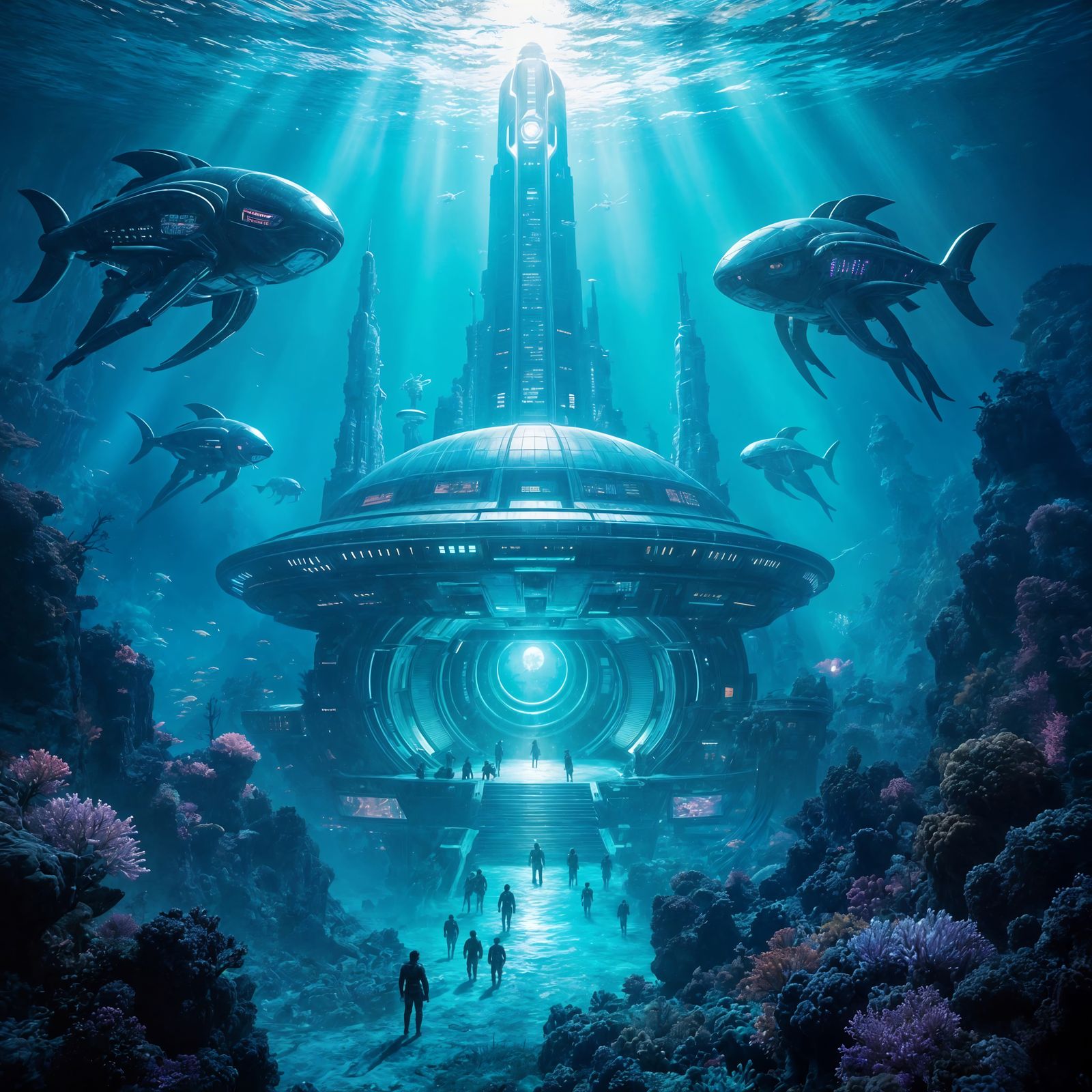 Underwater Metropolis With Alien Architecture and Robotic Gu...