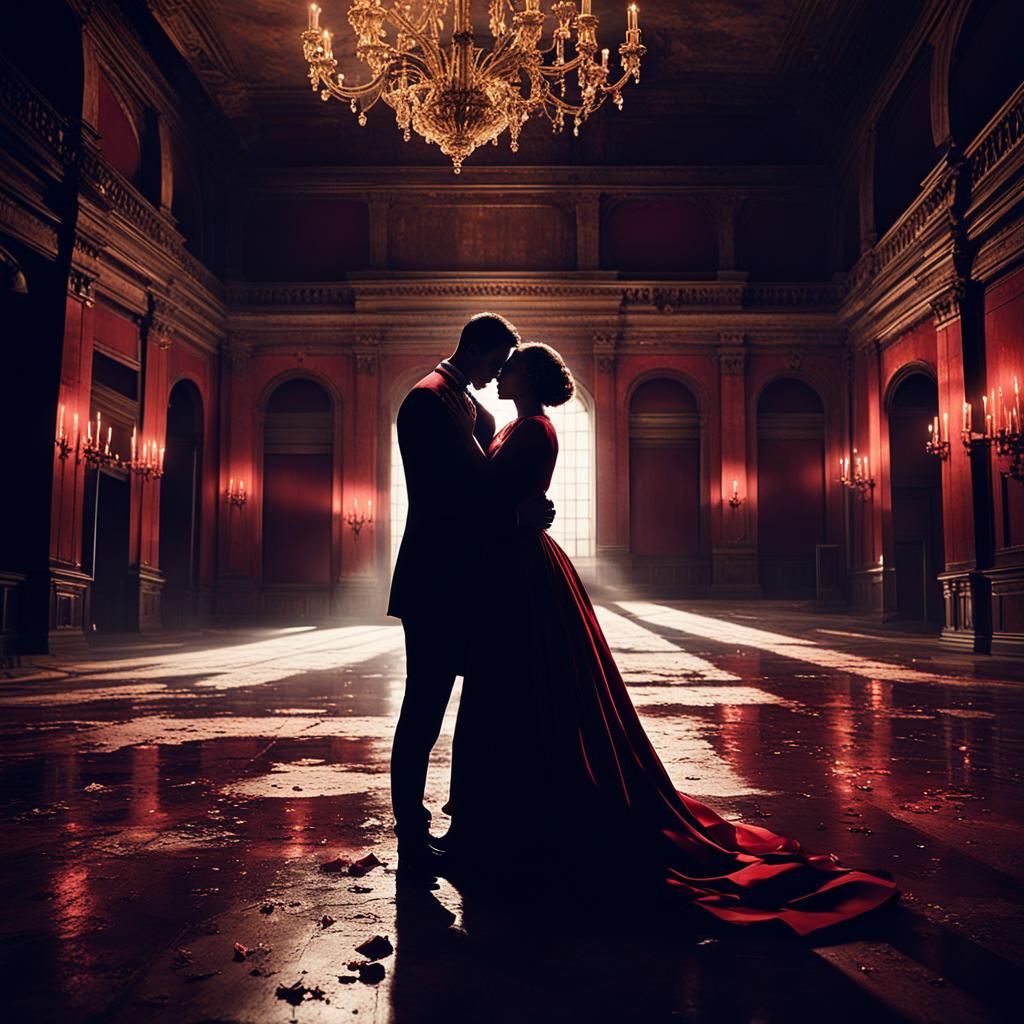 Eerie Surrealism: Couples Embrace in Abandoned Ballroom