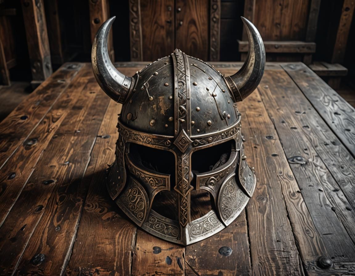 Two-Horned Viking Helmet on Ancient Table