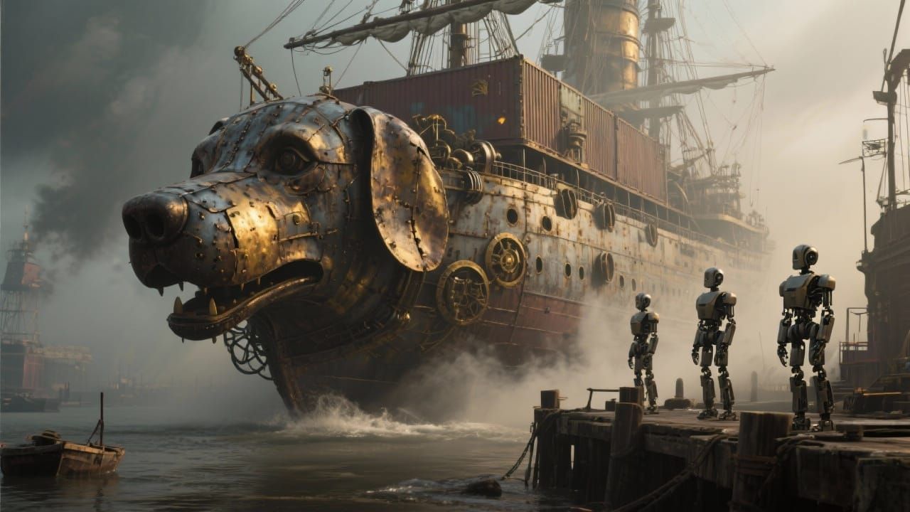 Steampunk Dog Ship Arrives at Smoky Port with Robots