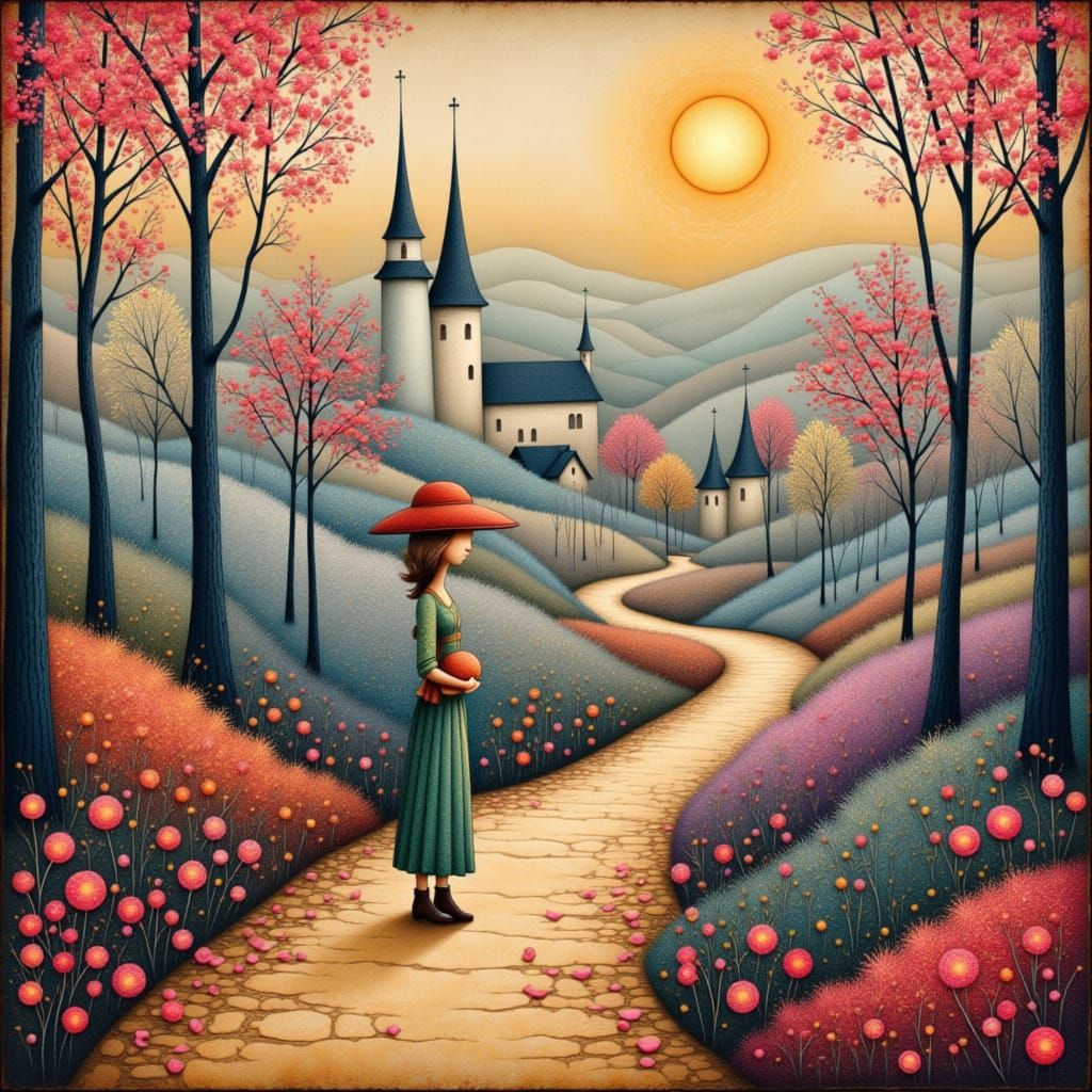 Romantic Village in Klimt Style with Art Deco