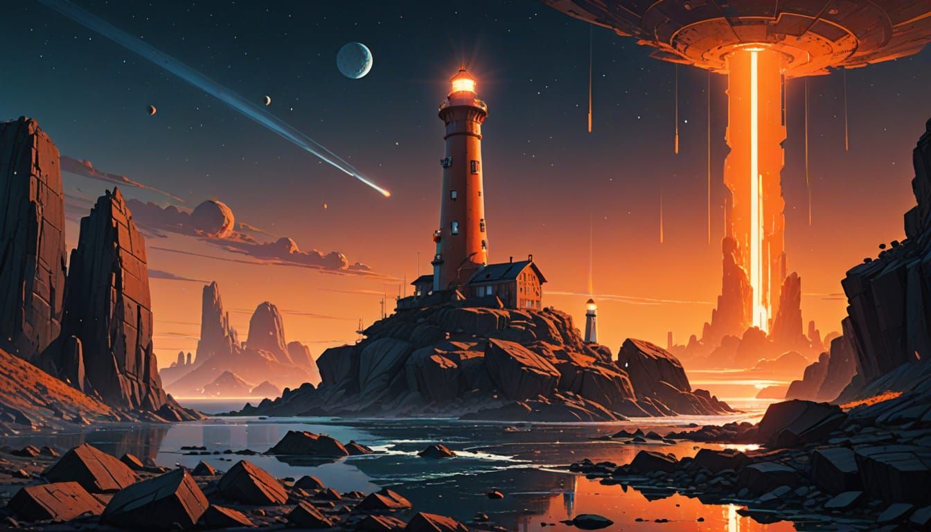 Sci-Fi Lighthouse on Asteroid Outcrop