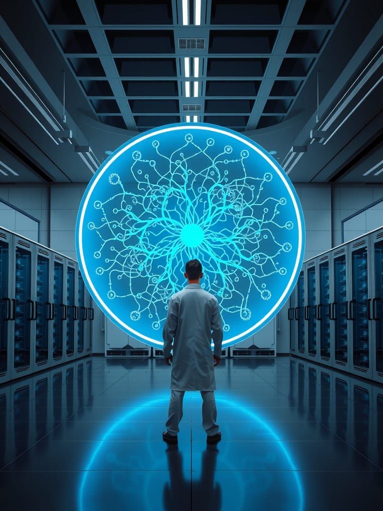 Future Lab Scene with Holographic Display and Scientist