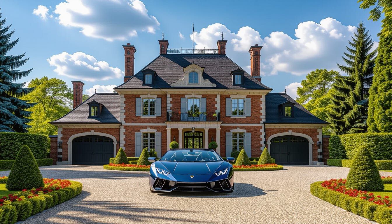 Victorian Chateau with Lamborghini in Summer Garden