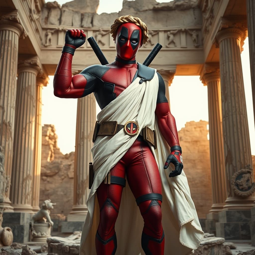 Deadpool as Heroic Greek Statue in Marble Ruins