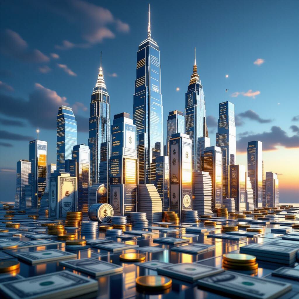 Futuristic Cityscape of Stacked Banknotes and Coins