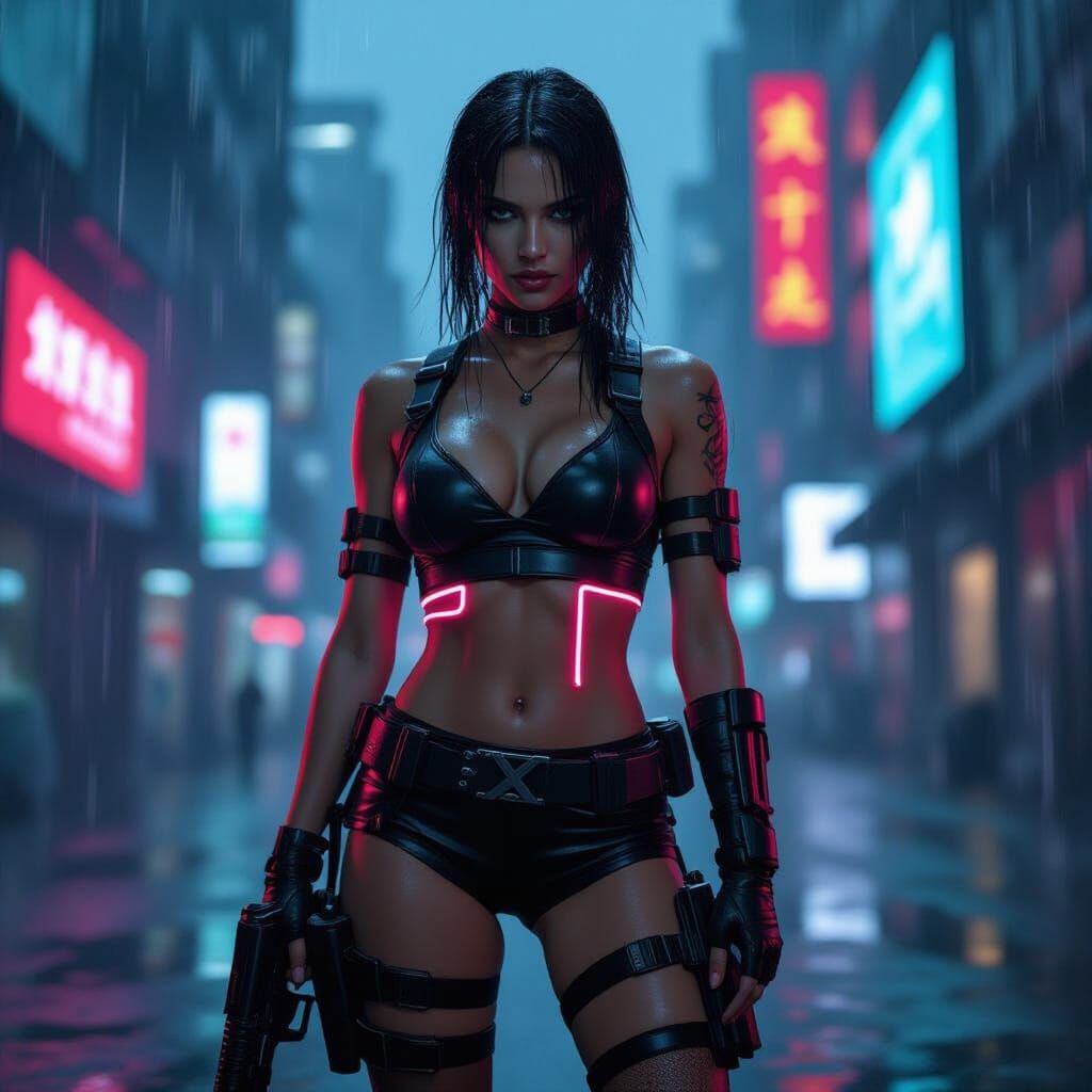 Cyberpunk Mercenary in Rain with Holographic Billboards