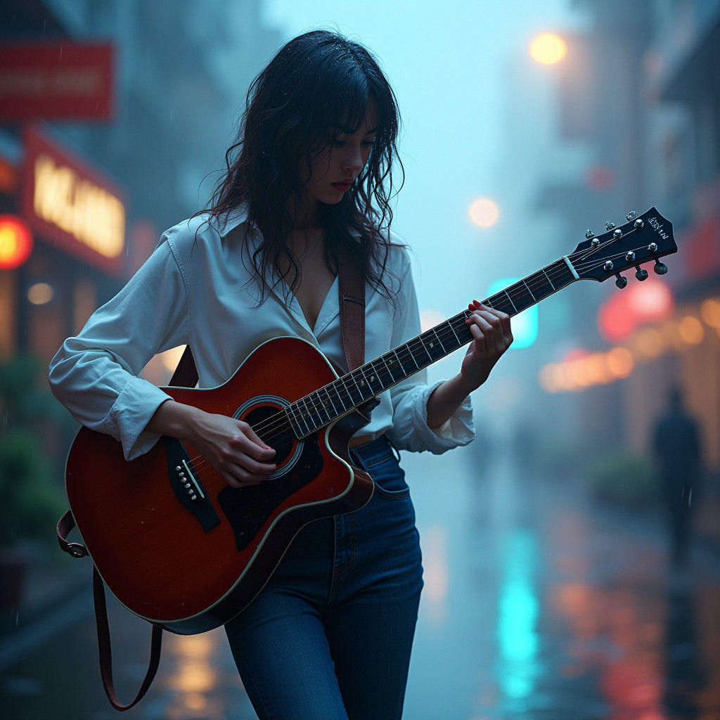 Woman Playing Guitar in Rainy Cityscape