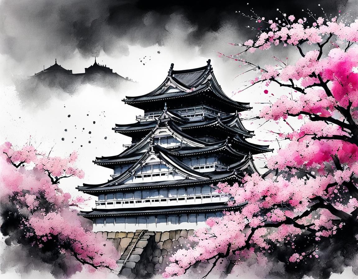 Himeji Castle Ink Painting with Sakura