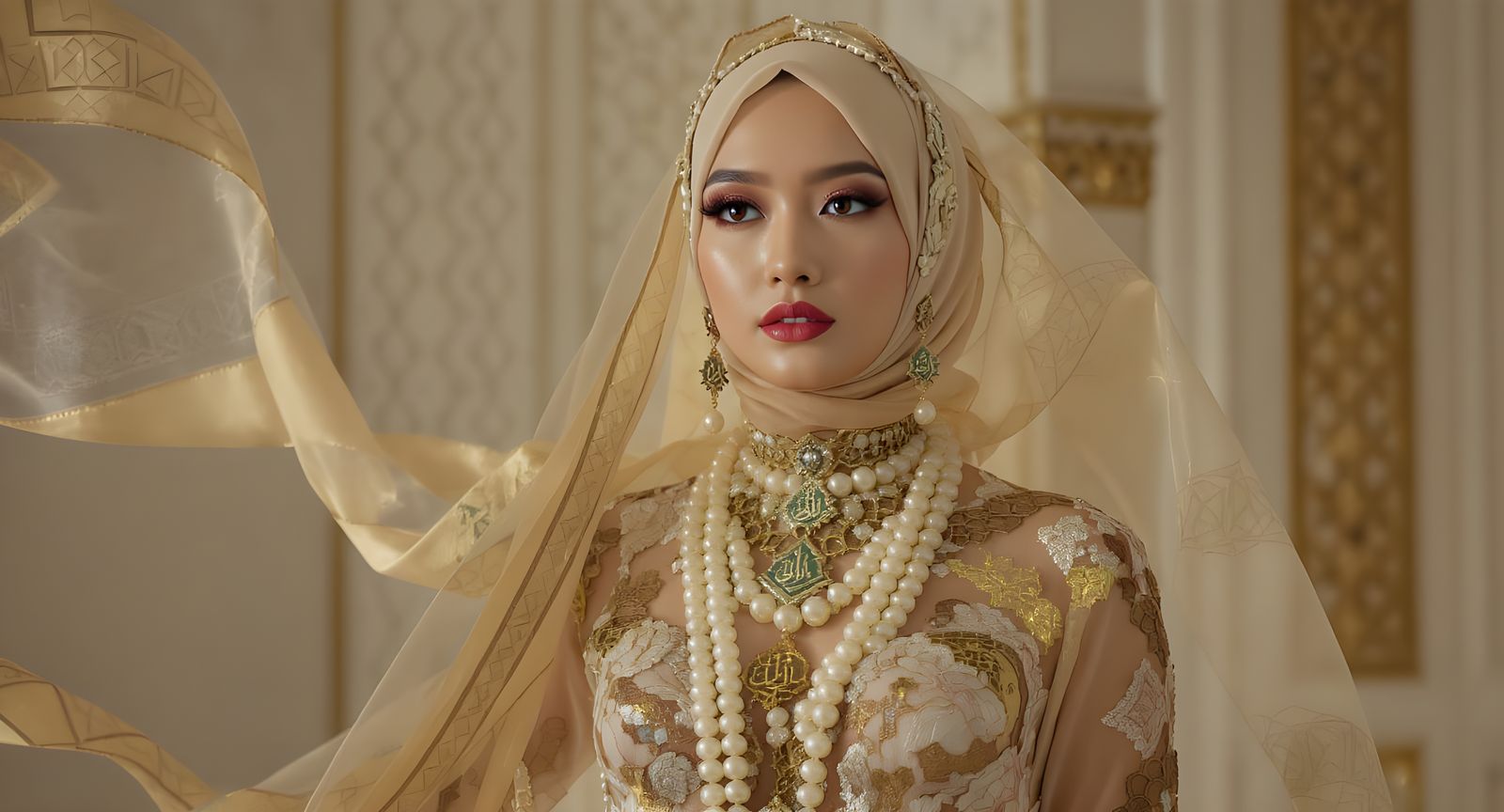 Asian Woman with Quranic Jewelry in Sheer Dress