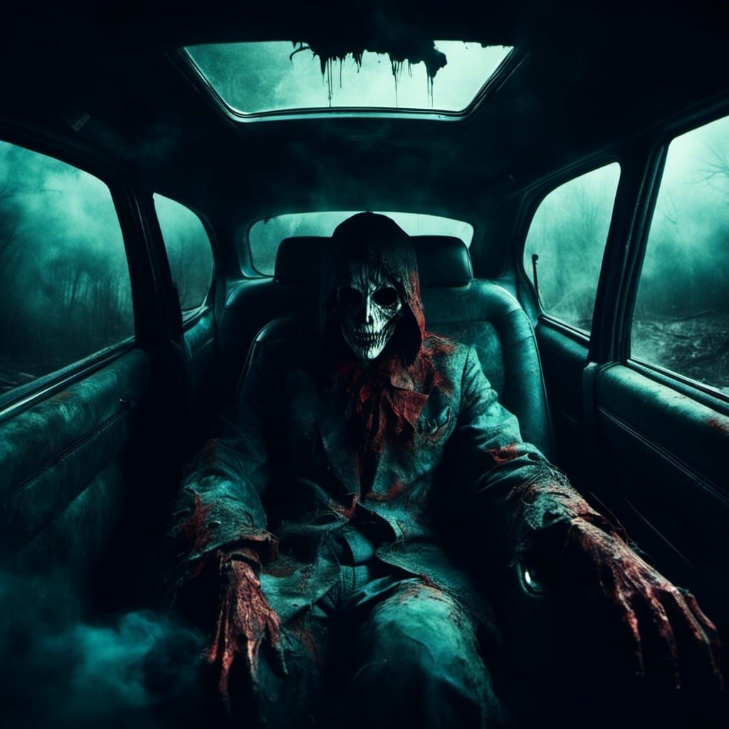 Dark Ghost in Car Backseat: Macabre Character Art