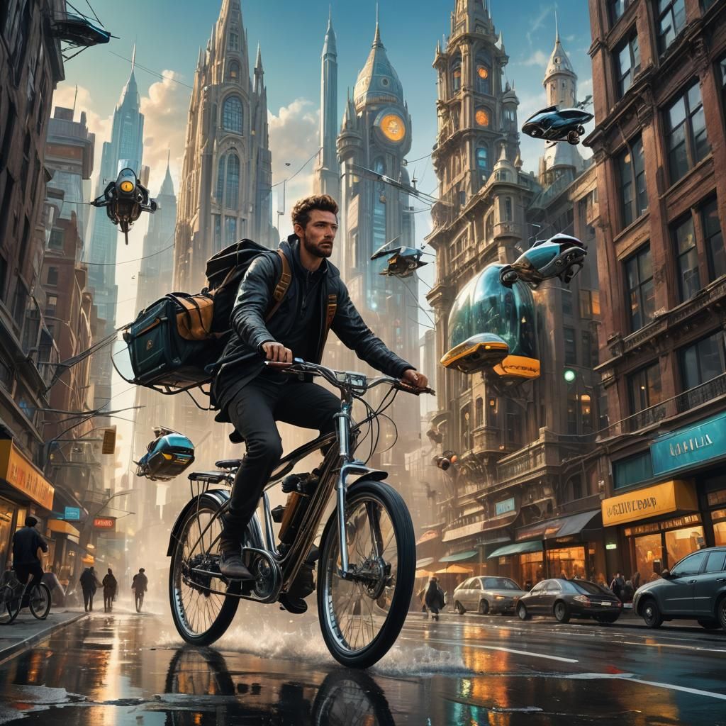 Bike Courier in Sci-Fi City: Hyperrealistic Photograph