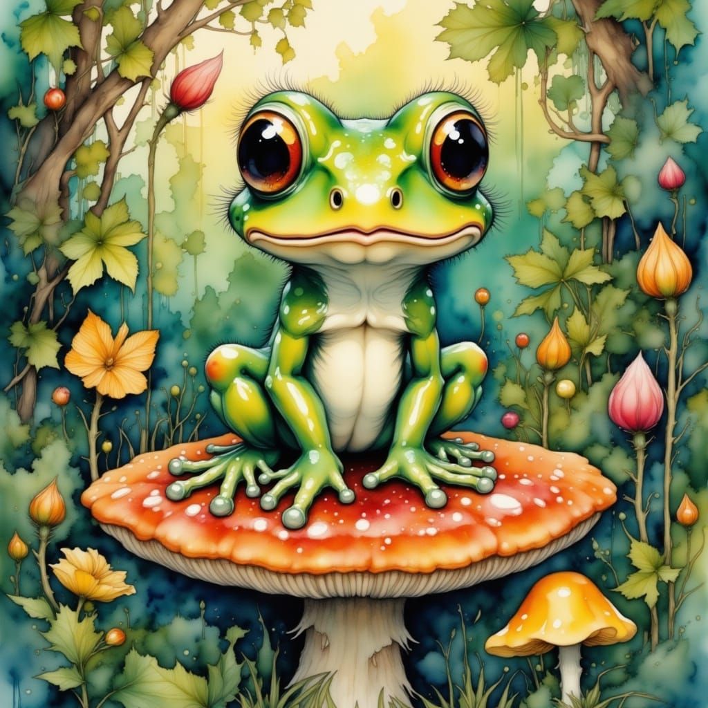 Whimsical Forest Frog in Watercolor Style