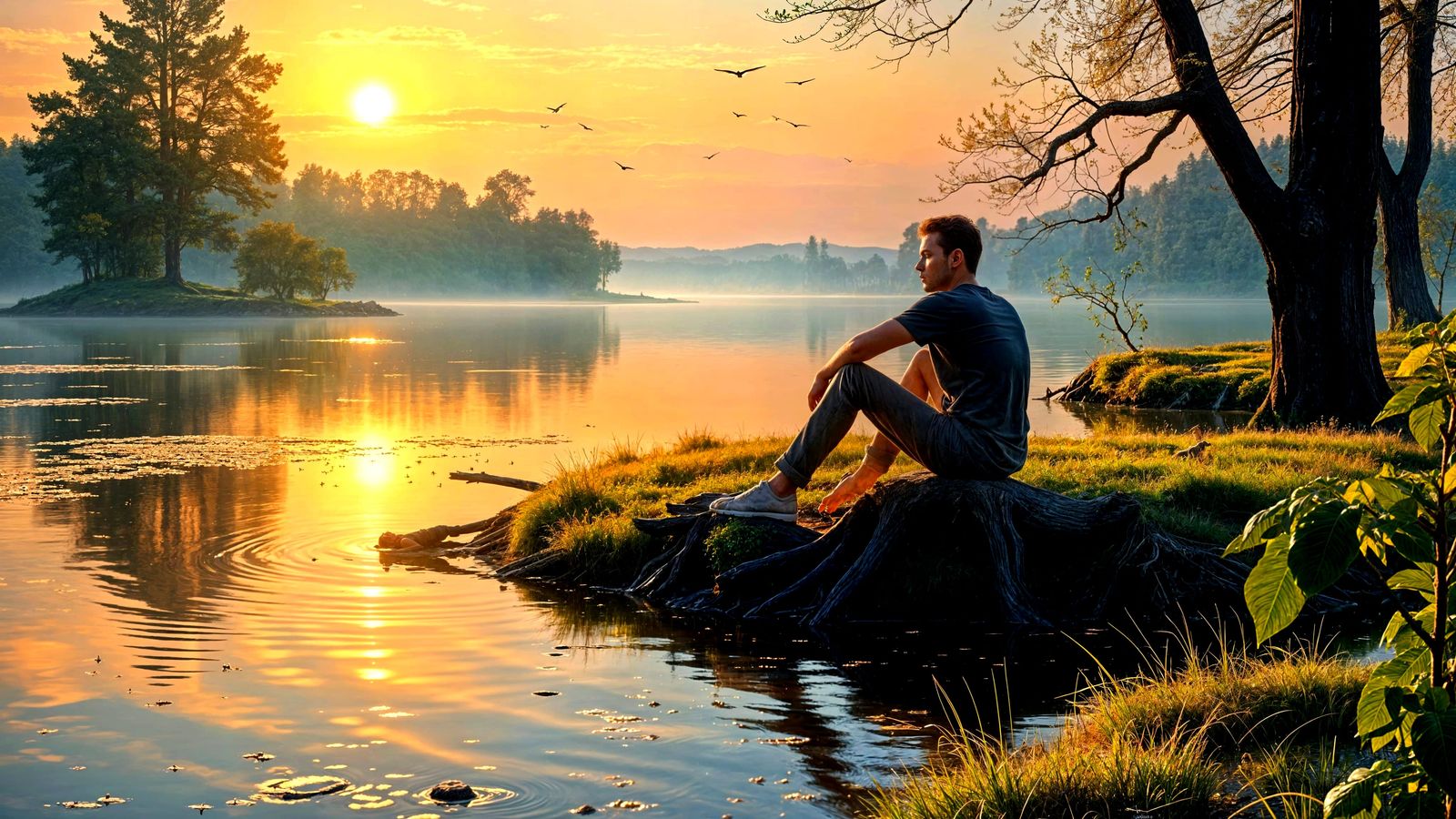 Serene Lakeside Dawn Reflection in Oil Painting Style