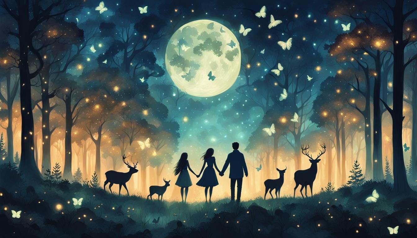 Fantasycore Forest Scene with People Holding Hands