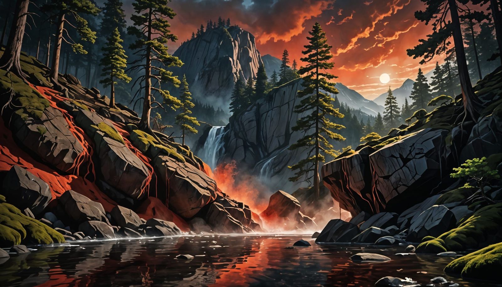 Hyperrealistic Forest River at Night