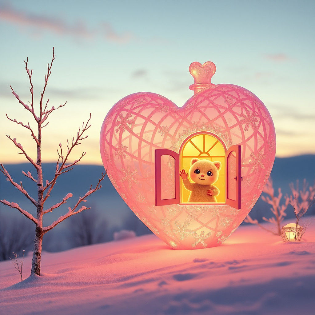 Neon Heart House in Winter Landscape