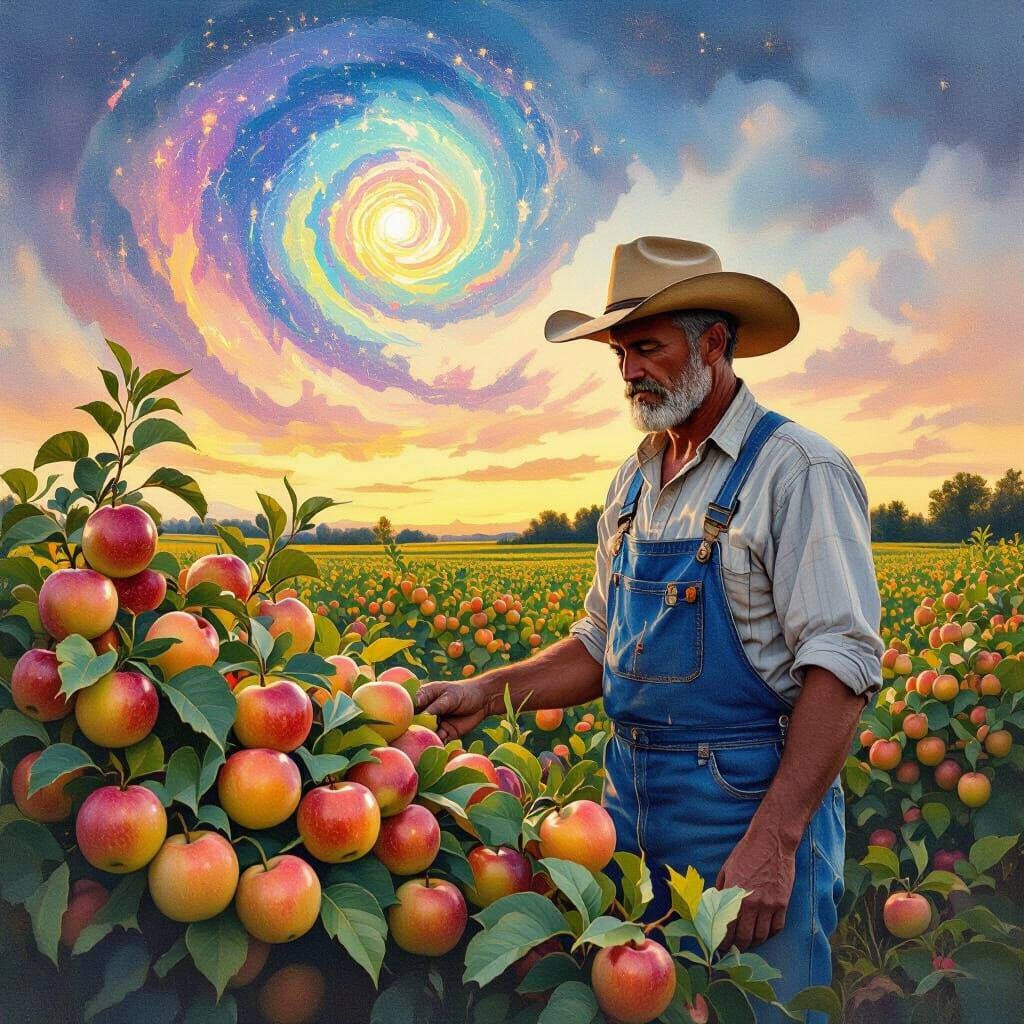Farmer in Luminous Apple Field at Dusk, Painterly Style