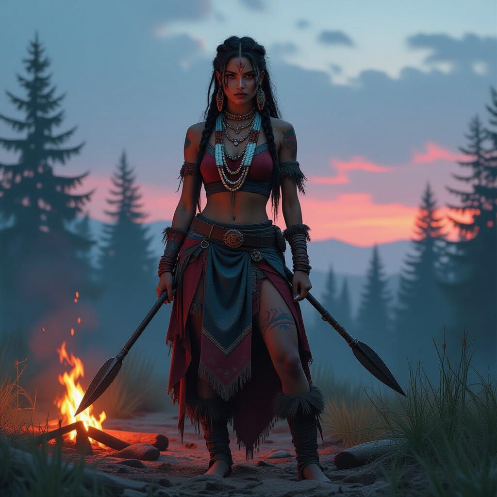 Tribal Woman with Spear at Forest Edge