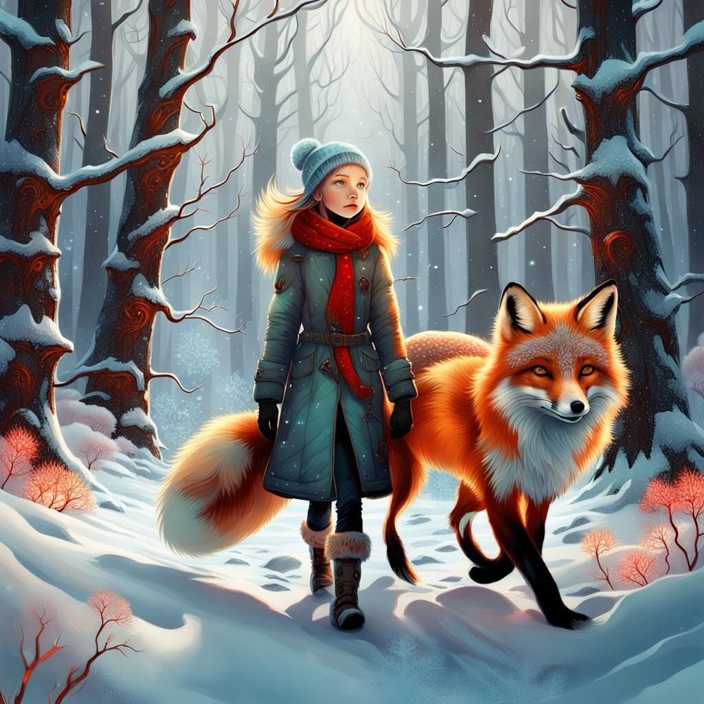 Girl and Fox in Bioluminescent Winter Forest