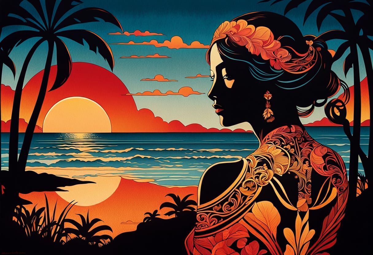 Art Nouveau Print of a Lonely Woman in Amber Sunset