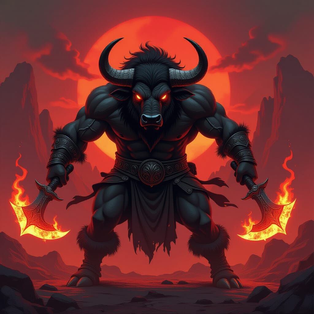 Mythical Buffalo Warrior Wielding Blades of Chaos