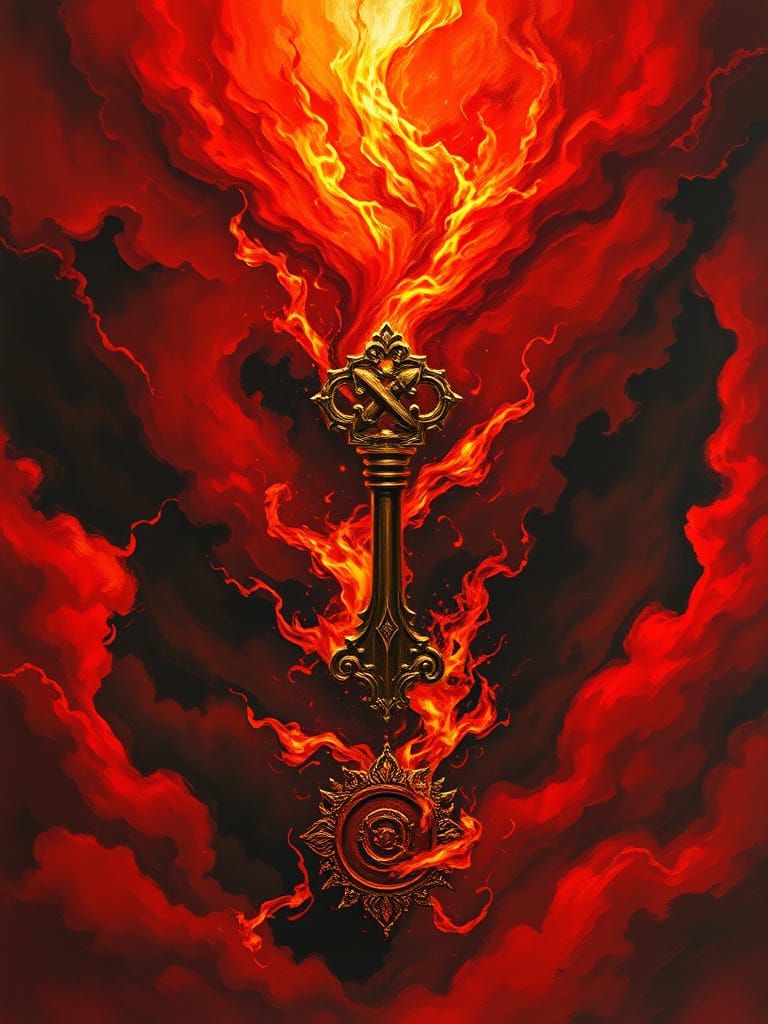 Glowing Key in Fiery Stormy Skies