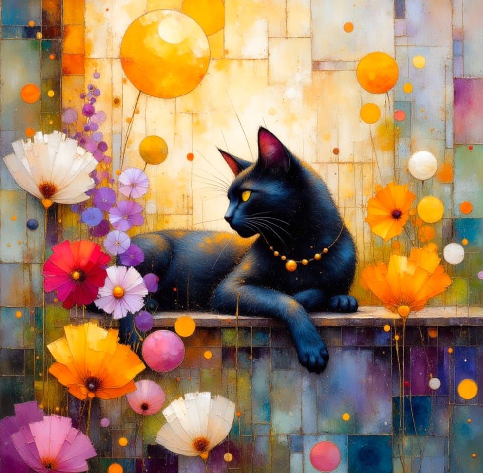 Elegant Black Cat Stretches in Whimsical Watercolour Fantasy