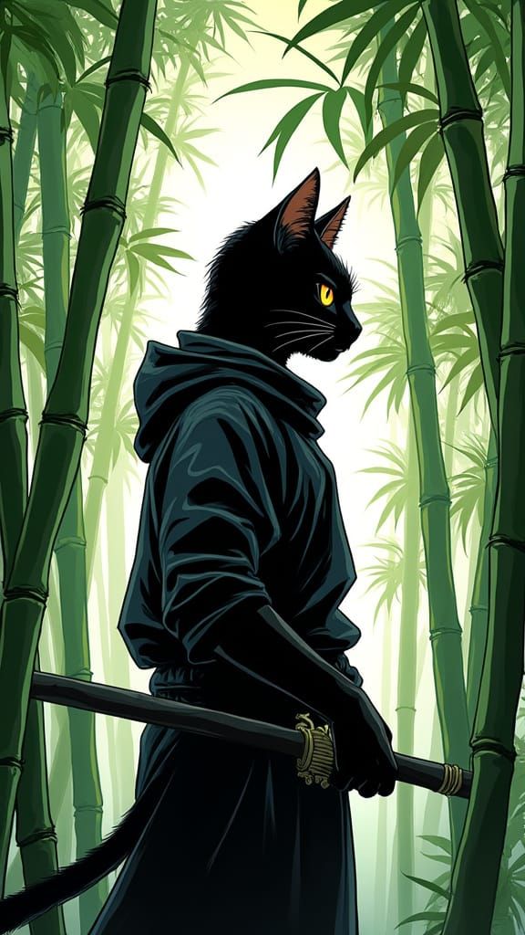 Ninja Cat in Bamboo Forest, Comic Style