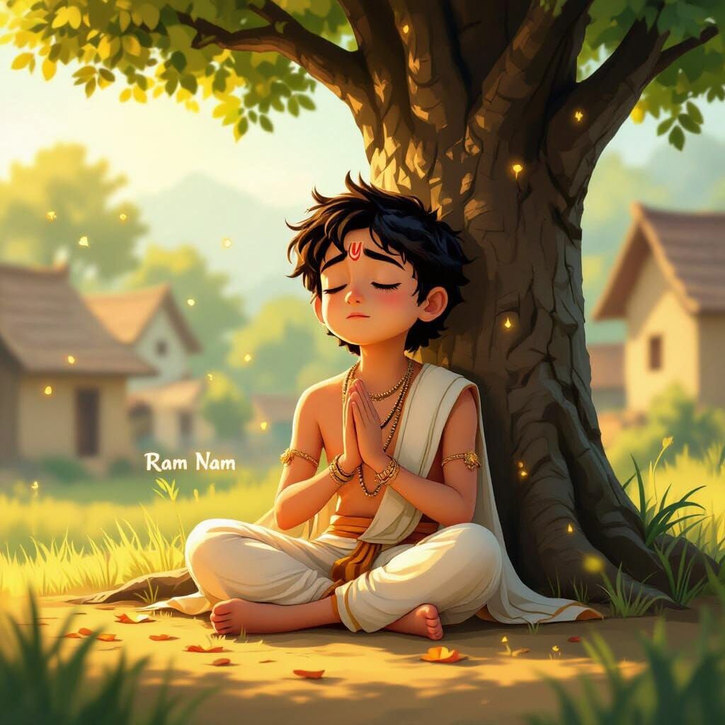Arjun: Serene Village Scene in Realistic Cartoon Style