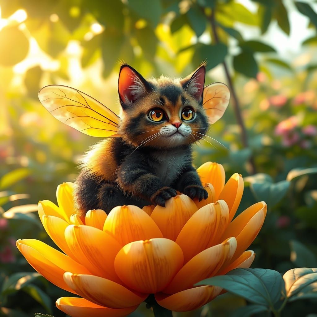 Whimsical Bumblecat in Vibrant Floral Paradise
