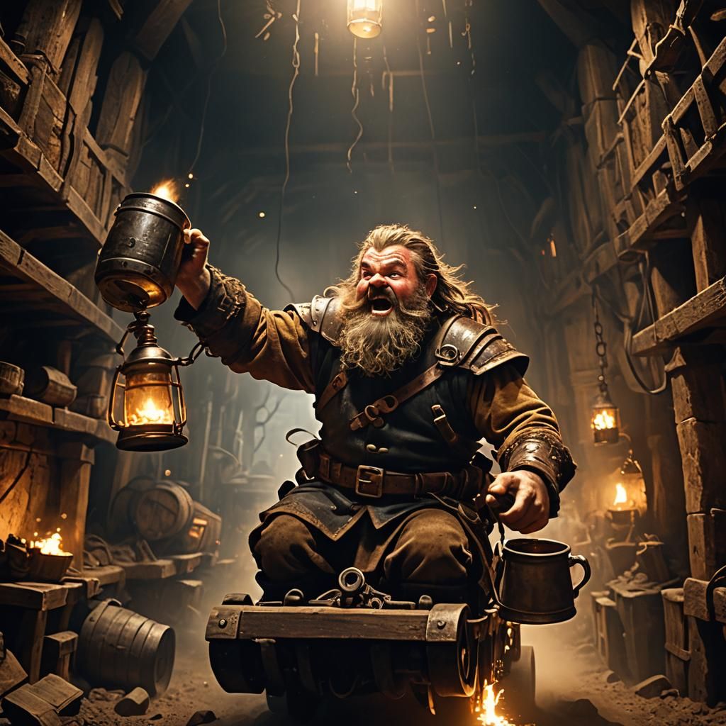 A rowdy, drunk dwarf with a thick, braided beard and disheve...