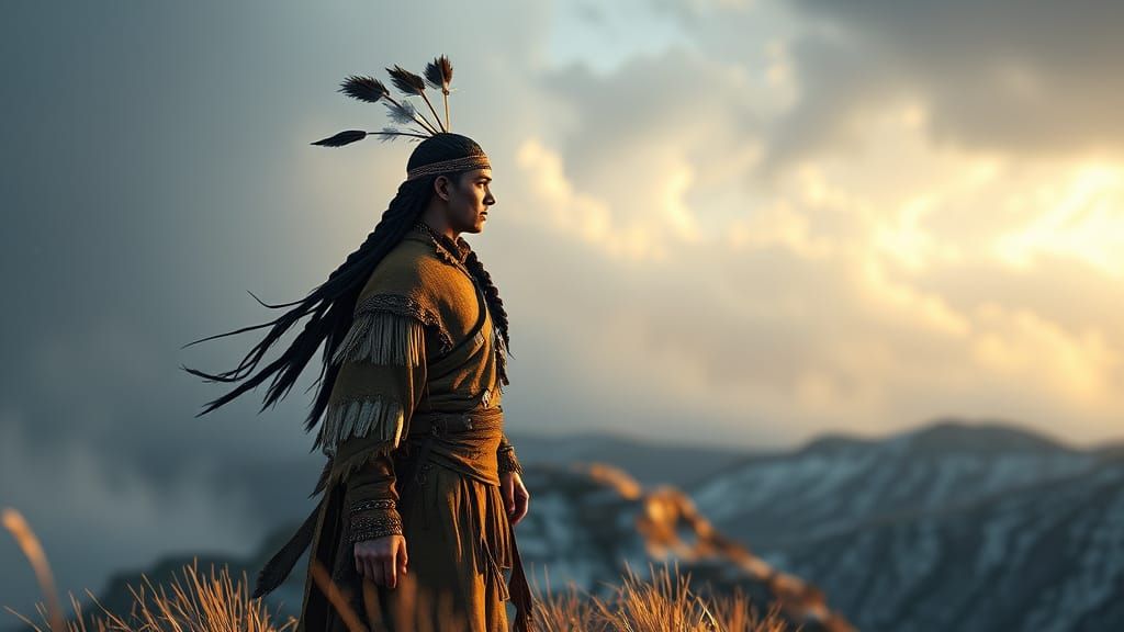 Native American Warrior Facing Storm, 3D Render