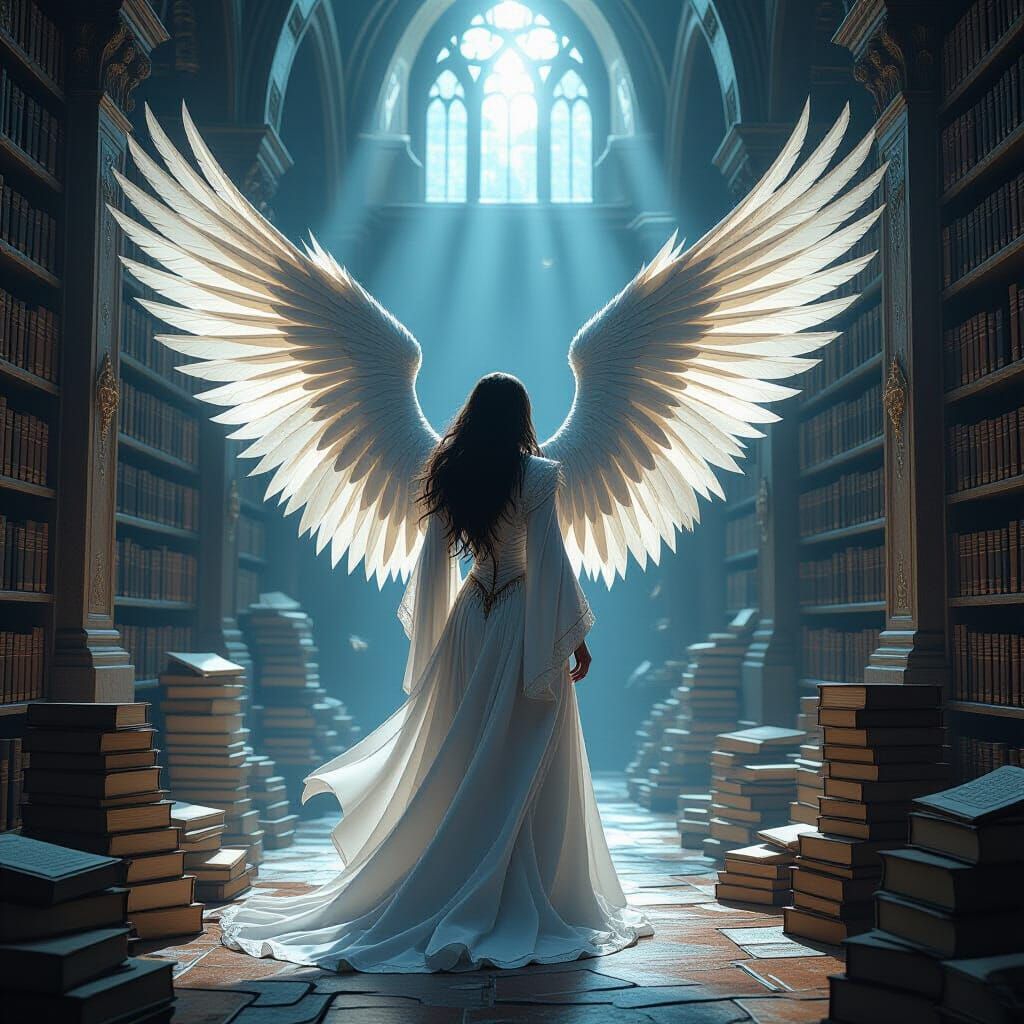Majestic Angel in Ancient Library, Comic Book Style