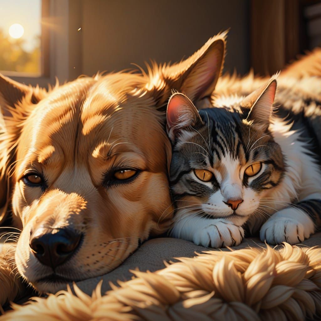 Cute Cat and Dog Sleeping Together in Golden Hour Light