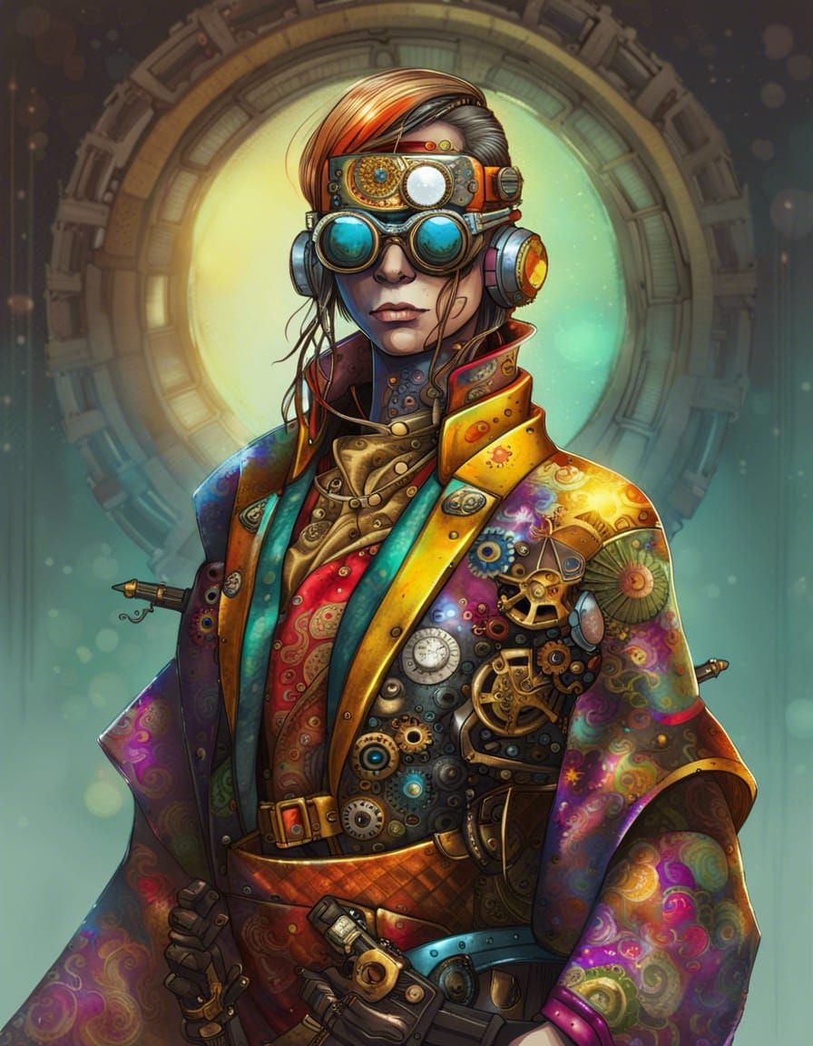 Steampunk Cyborg in Kimono with Sunglasses