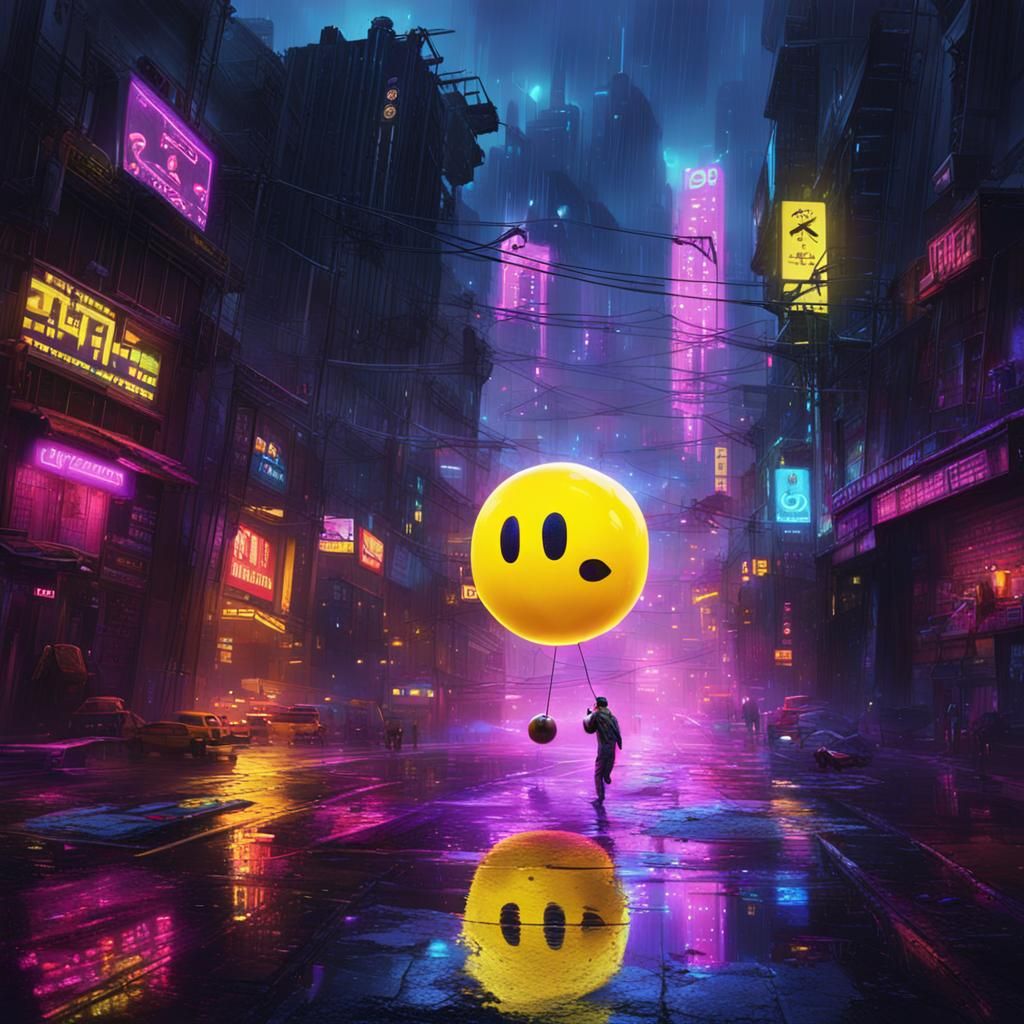 Cyberpunk Pacman in Dystopian Cityscape