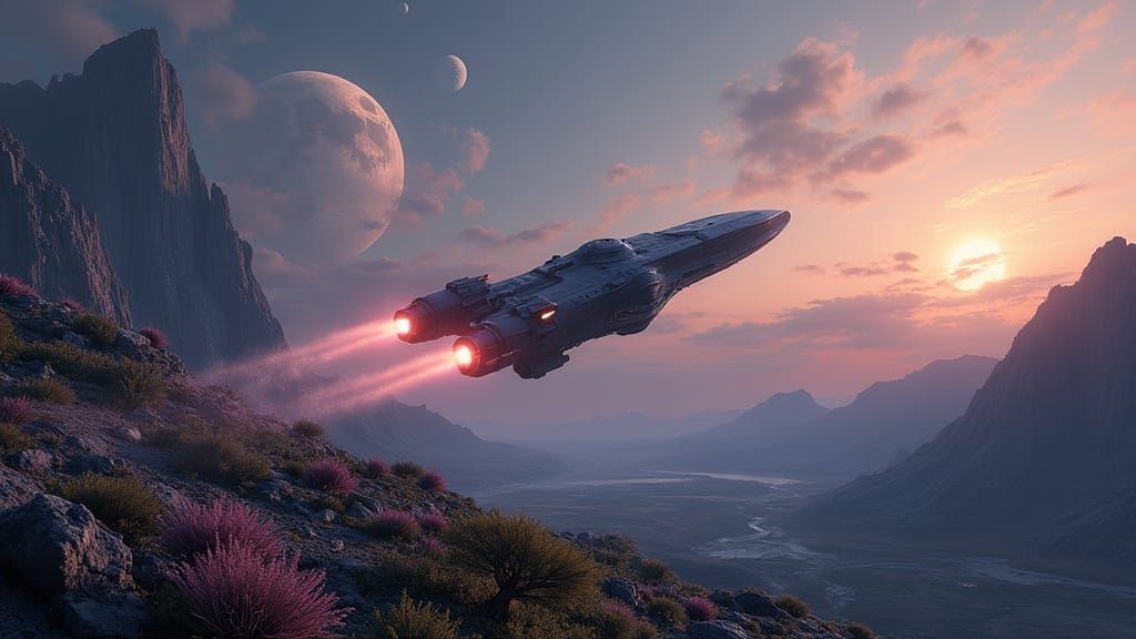 Futuristic Starship Over Uncharted Sci-Fi Planet Landscape