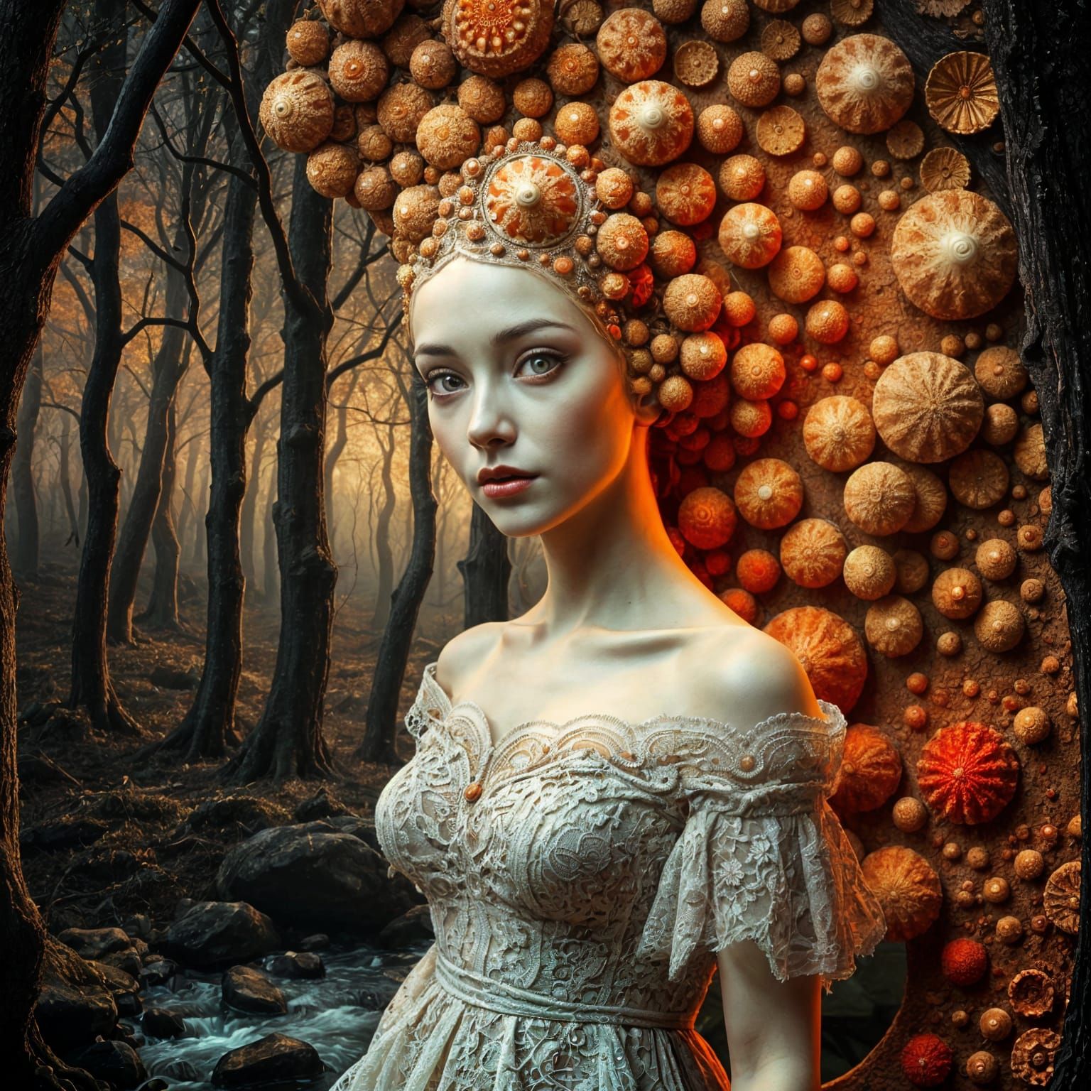 Woman in Dark Forest, Fractal Landscape in Classic Art Style...