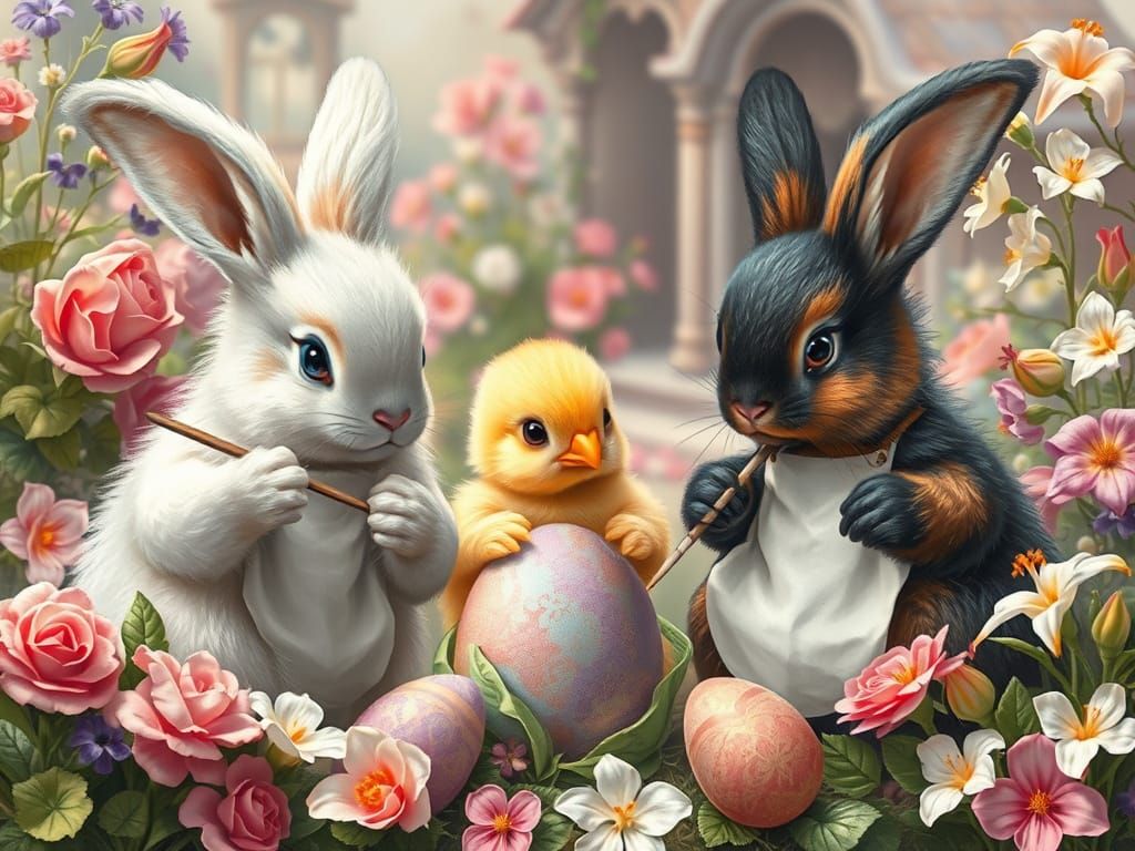 Whimsical Bunnies Painting Easter Eggs in Fairytale Garden