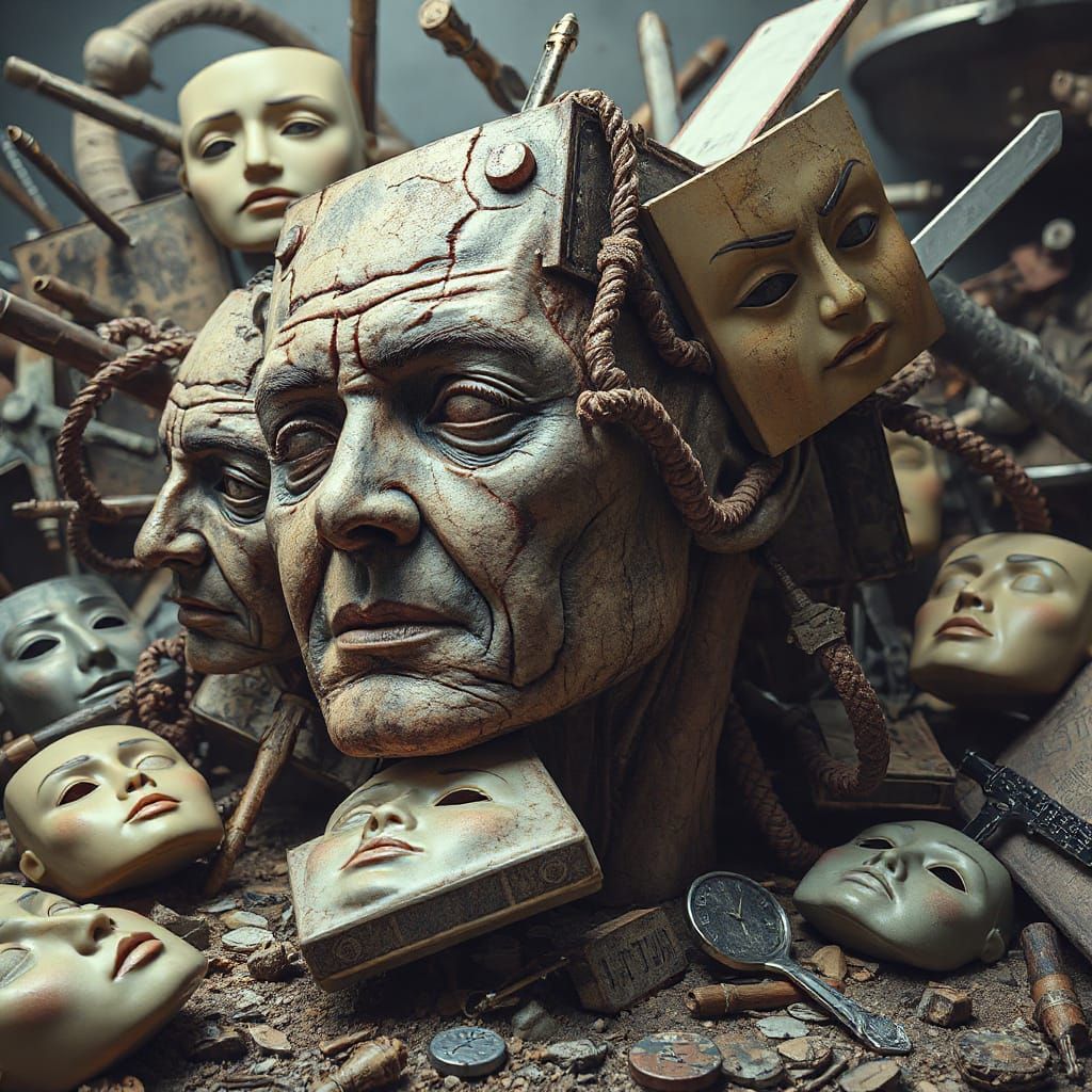 Surreal Cube Head with Swirling Masks in Hyperrealistic Fant...