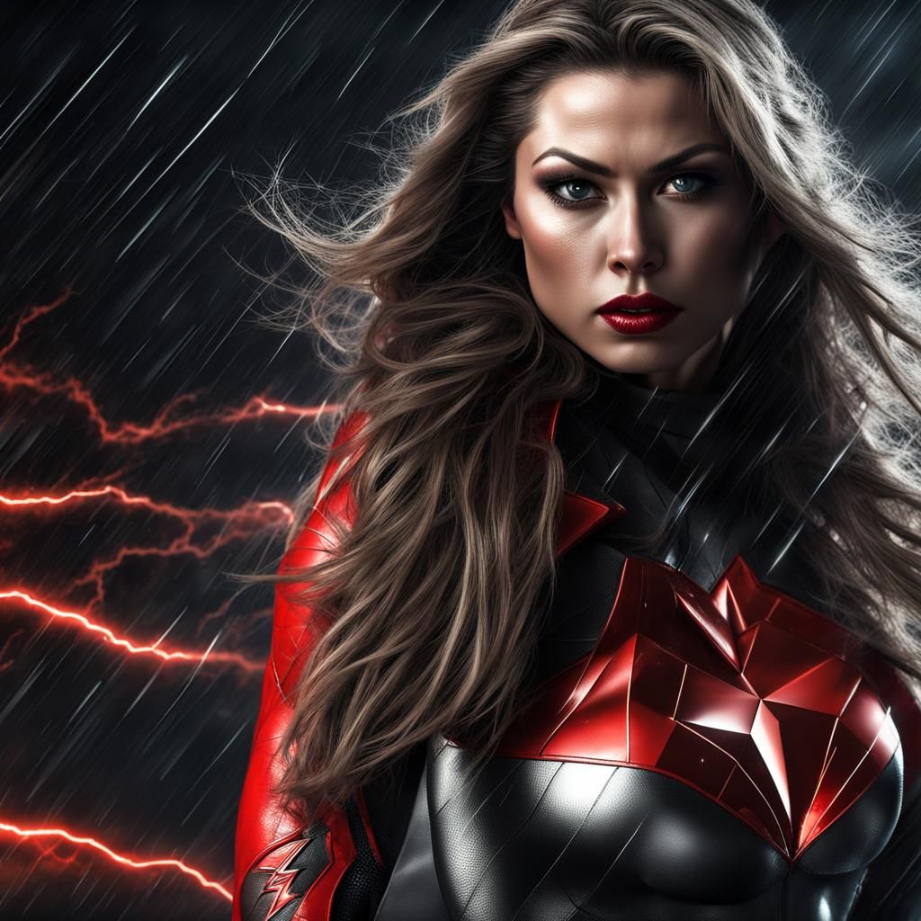 Muscular Russian Superheroine in Lightning Storm