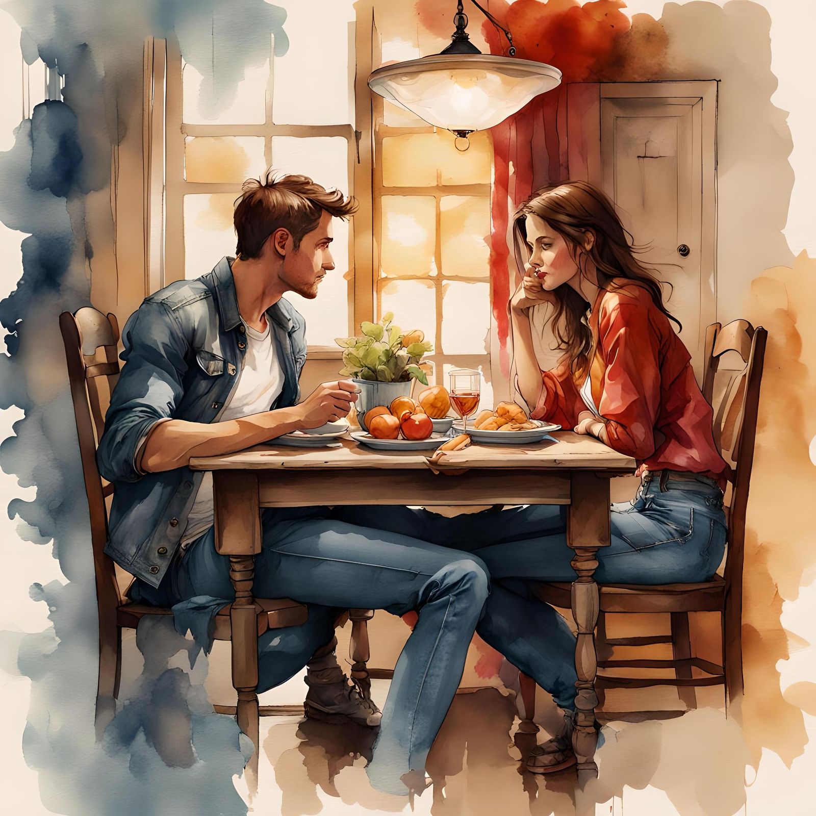 Pretty Woman and Boyfriend Dinner: Watercolor Illustration
