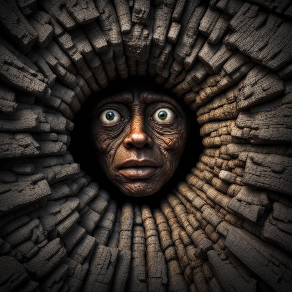 Hyperrealistic Face Peering from a Hole