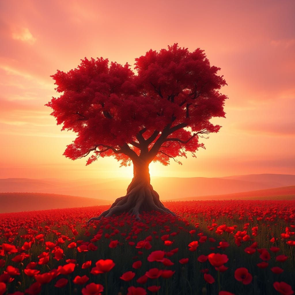 Surreal Sunset Landscape with Heart-Shaped Tree and Vibrant ...