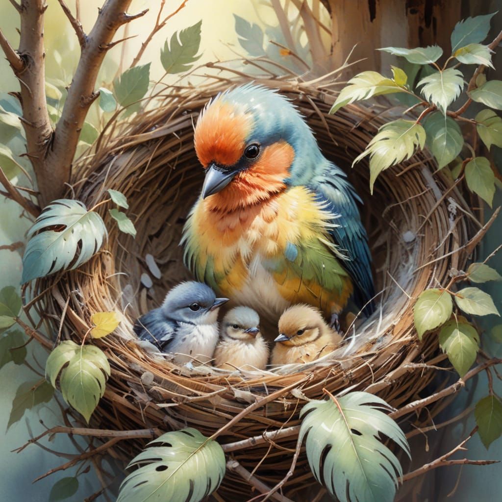 Watercolor Wildlife Art of a Bird Mom with Her Chicks