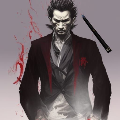 Yakuza in Red Smoking: Horror Art Style