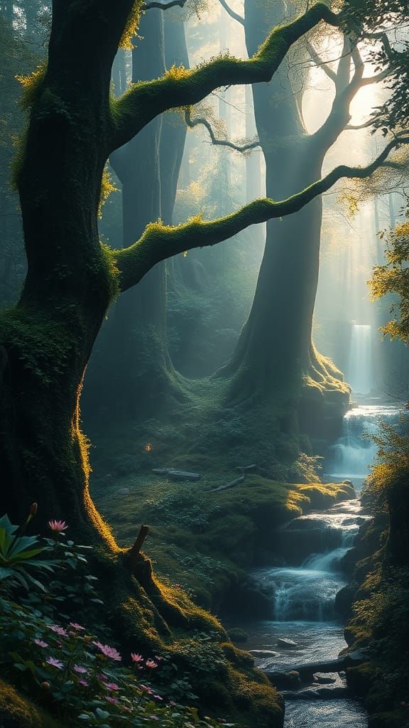 Mystical Forest at Dawn with Ethereal Light