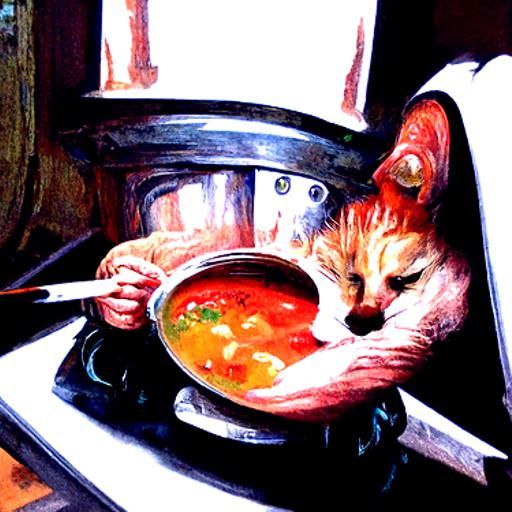 Soup-Loving Cat Enjoying a Meal: Oil Painting