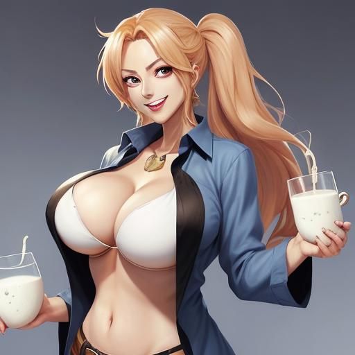 Smiling Woman Pours Milk in Anime Style
